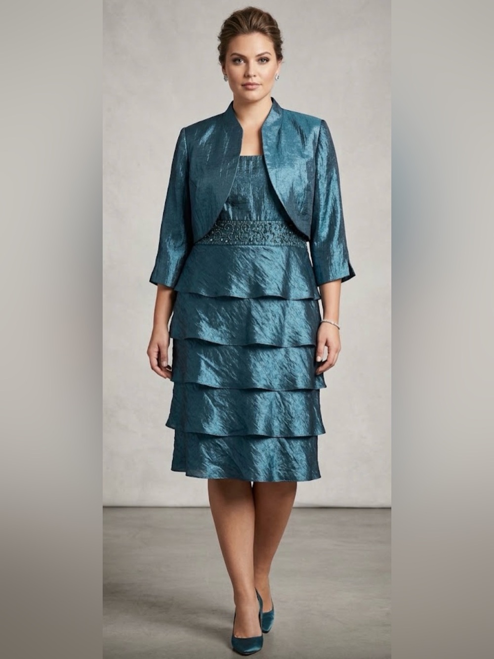 R&M Richards Women Green Teal Tiered Dress with Matching Bolero size 16W